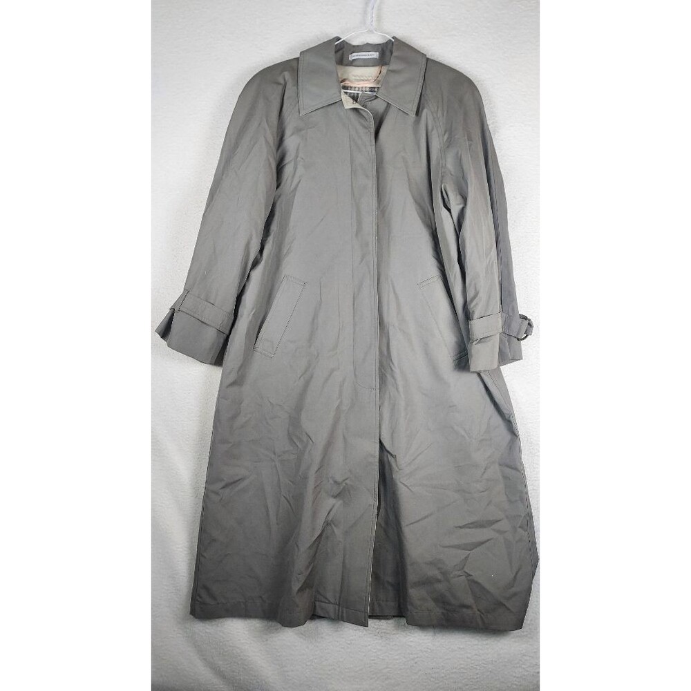 Misty Harbor Womens 10 Petite Gray Trench Coat Plaid Lined Belted Cuffs Long